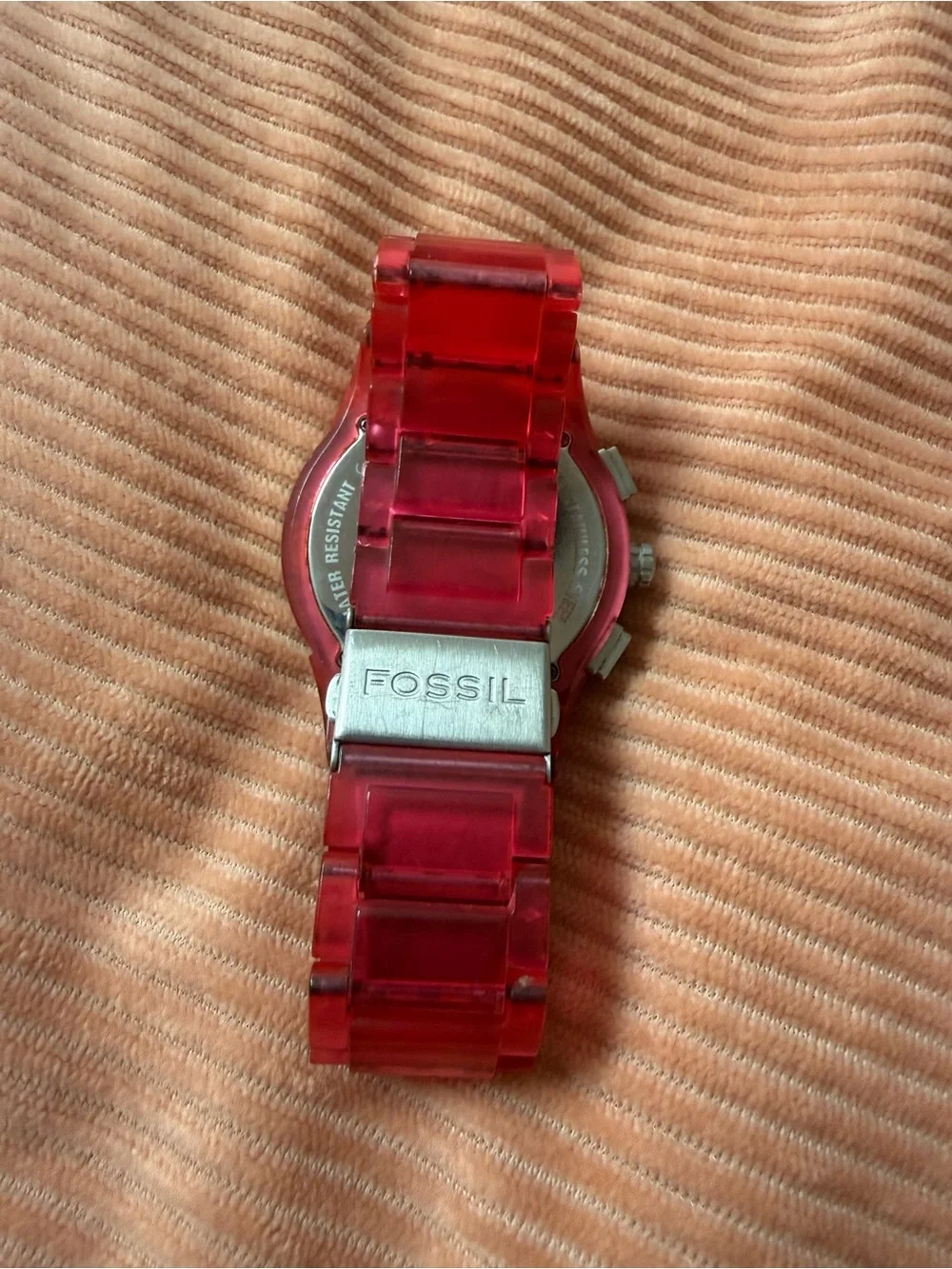 Pink Transparent Fossil Silver Dial Chronograph Watch